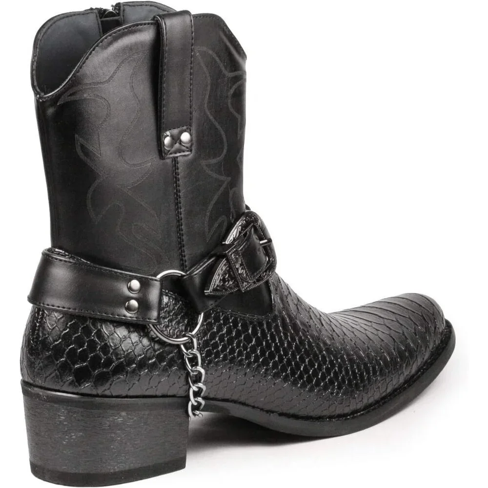 Men's Black Belt Buckle Chain Strap Western Cowboy Boot